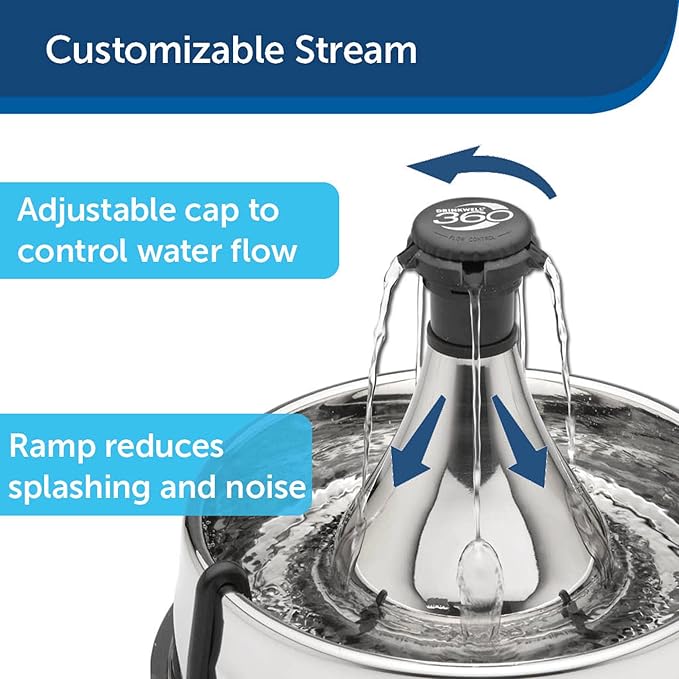 PetSafe Drinkwell Stainless Steel 360 Multiple Pet Fountain - Scratch and Rust Resistant Automatic Water Dispenser for Cats or Dogs - Adjustable Flow Control - 128 Ounce (3.8 Liter) - Filters Included