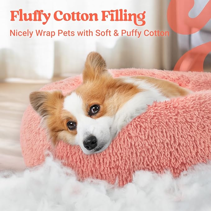 rabbitgoo Calming Dog Bed for Small Medium Dog, 30 inches Pet Bed Machine Washable, Non-Slip Round Fluffy Plush Faux Fur Large Cat Bed, Soft Donut Cuddler Cushion for Small Dog, Pink