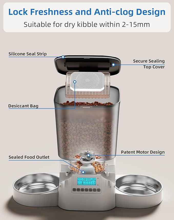 WellToBe Dual Cat Automatic Feeder for 2 Cats, Timed & Flexible Feeding, Voice Recorder, Dual Power Supply, Freshness Seal, Anti-Ant Design for Multiple Cats.