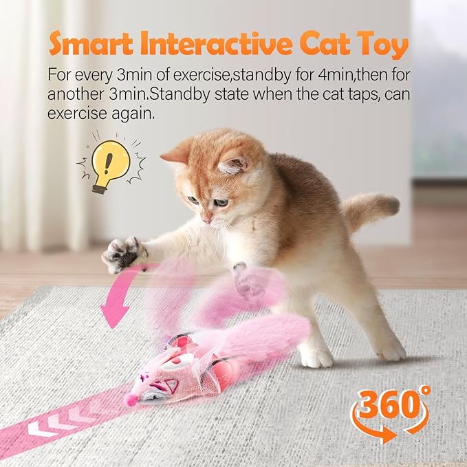 Migipaws Automatic Cat Toys, Plush Cat Mouse Toy, Interactive Toy for Indoor Cats, Smart Moving Kitten Toy, Rechargeable (Pink)