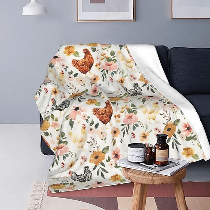 Chicken Floral Blanket Rooster Hen Printed Decor Throw Blanket Warm Soft Plush Lightweight Fleece Flannel Winter Blanket Farm Gifts for Girls Women Farmer Lover Boys Baby Kids Couch Bedding 60"X80"