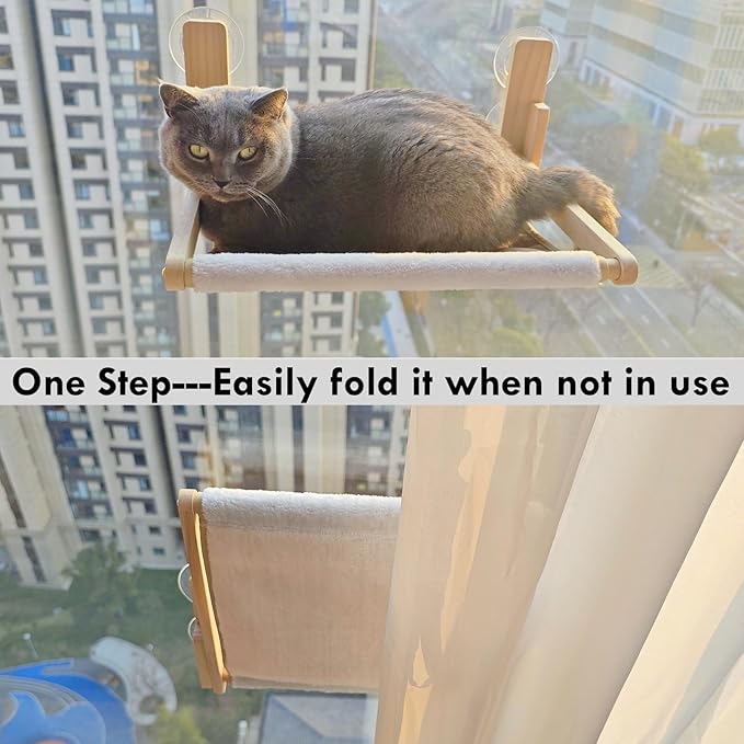 Foldable Cat Window Perch, 16.5 inches*12 inches Window Hammock, 35 lbs Weight Limit, Solid Wood Material Cat Window Hammock for Small Size Window