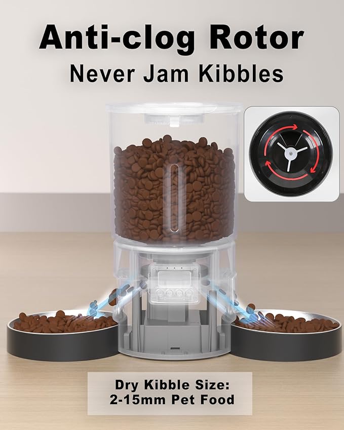 Automatic Cat Feeder for 2 Cats,4.2L Flexible Schedule,6 Meals/Day,1-12 Portions/Meal,Dual Power Auto Dual Pets Feeder Dry Food Dispenser,10S Voice Record(Black,4.2L+Stainless Steel 2 Bowls)
