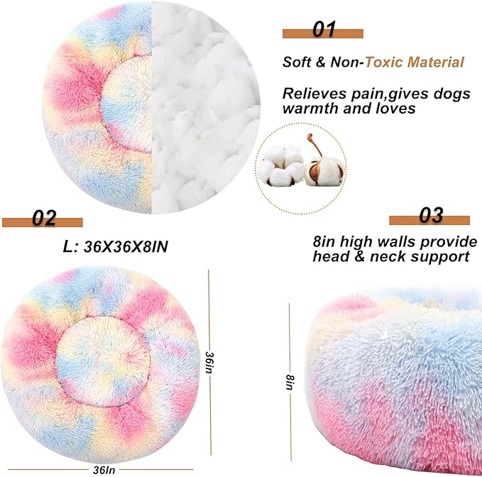 Dog Bed Calming Dog Beds for Small Medium Large Dogs - Round Donut Washable Puppy Dog Bed, Anti-Slip Faux Fur Fluffy Donut Cuddle Anxiety Cat Pet Bed(36'' Color)