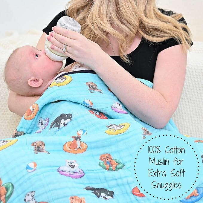 LollyBanks Muslin Baby Blanket 100% Cotton, Muslin Quilt Lightweight, 6 Layers Baby Blankets 47"x 47", Toddler Blanket for Boy and Girl, Nursery Receiving Blankets(Swimming Dogs Print)