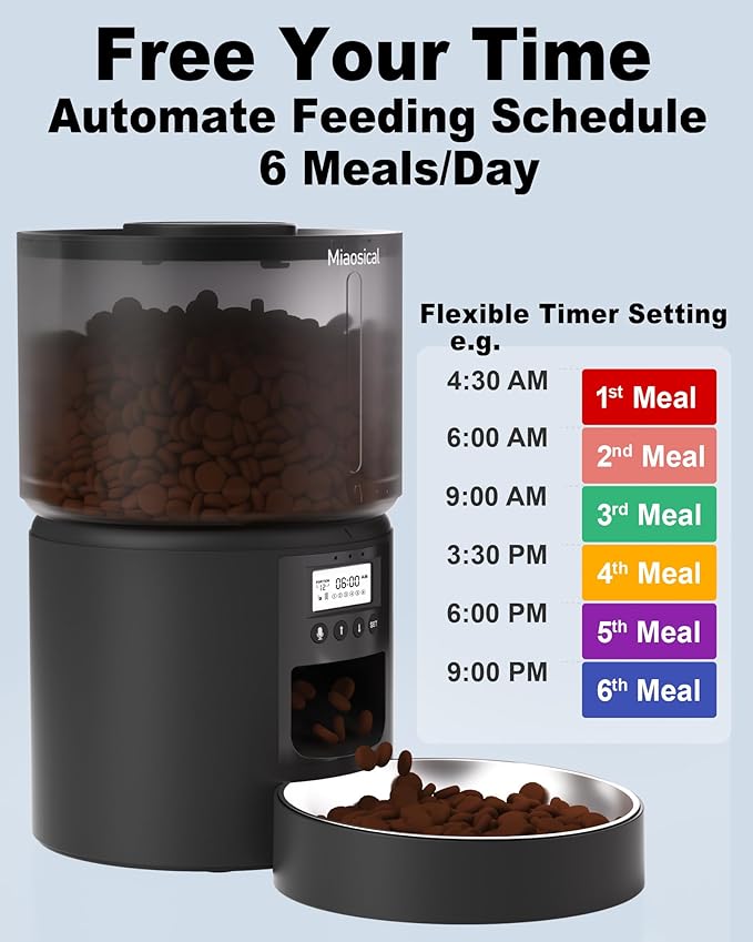 Automatic Cat Feeder Flexible Schedule Timer,6 Meals/Day,1-12 Portions/Meal,Dual Power Auto Feeder Dry Food Dispenser,10S Voice Record,for Cats & Small Dogs (Black,3.6L Stainless Steel Bowl)