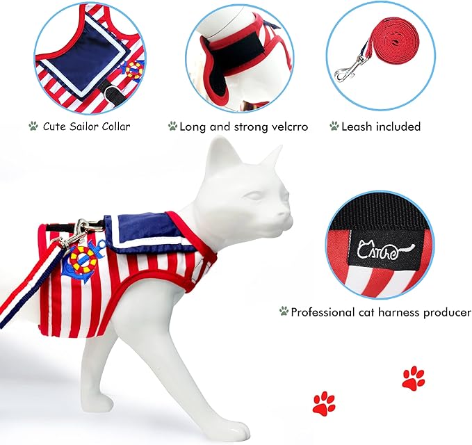 Cat Harness and Leash for Walking Escape Proof, Adjustable Cat Vest Harness, Padded Stylish Cat Walking Jackets, Sailor Suit Red, X-Small