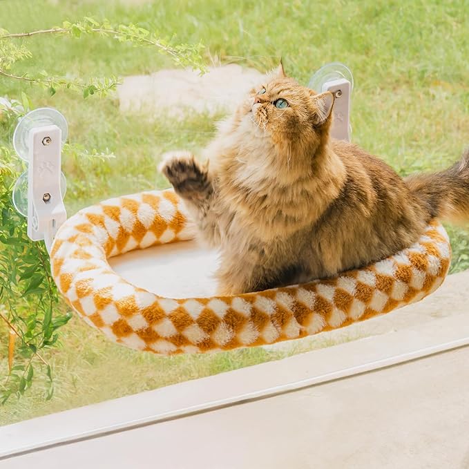 Mewoo Cat Window Perch, Cordless Cat Window Hammock with 4 Strong Suction Cups, Embeded Cat Hammock for Window, Steel Frame and Removable Soft Cover (Brown, Medium)