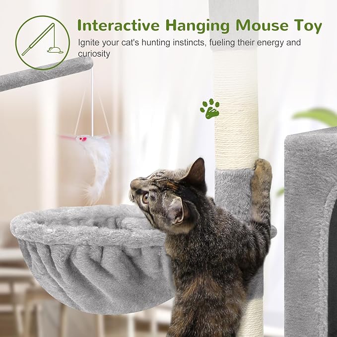 F46C Versatile Play Cat Tree Tower | 46-Inch Sturdy Cat Condo with Scratching Posts, Hammock, Multiple Platforms & Anti-Tip Kit for Large Multi-Cats | Premium Quality Materials, Light Gray