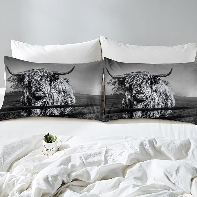 Highland Cow Bedding Set Twin Size Grey Bull Cattle Comforter Set Funny Farmhouse Wildlife Animal Duvet Set for Kids Boys Girls Teens Western Cowboy Style Down Comforter Adult Bedroom Decor