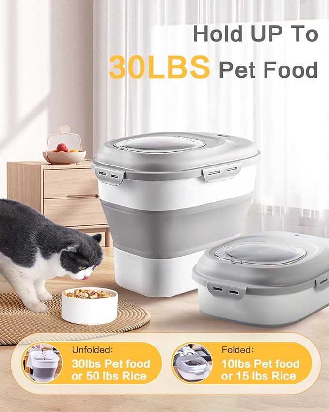 ANVS Dog Food Storage Container - Up to 30Lbs Collapsible Dog Food Container with Airtight Lids, Scoop and 2.5L Small Pet Food Storage Container Dry Food For Dog, Cat and Other Pet Food (Grey)