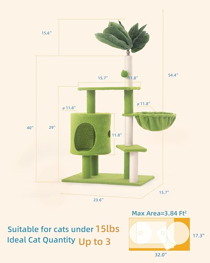Cat Tree for Indoor Cats with Green Leaves, 40'' Cat Tower with Scratching Post, Cozy Cat Condo and Hammock, Cat Tree Tower with Hanging Ball and Bell for Kittens