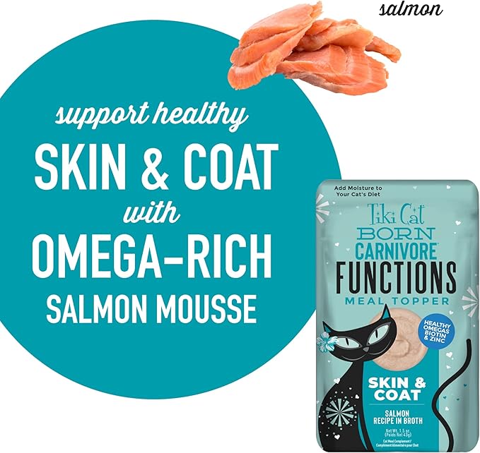 Tiki Cat Born Carnivore Functions Skin & Coat, Salmon Recipe in Broth, Formulated with Omega-3 and Biotin for Healthy Skin, Mousse Cat Food Topper, 1.5 oz. Pouch (12 Count)