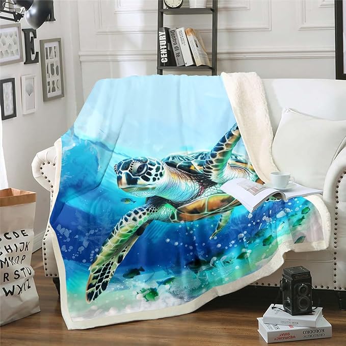 Turtle Throw Blanket Kids 3D Turtles Teal Sea Sherpa Blanket Soft Fleece Blanket Ultra Soft Ocean Marine Tortoise Blue Sea Animals Blanket Gifts for Turtle Lovers Couch Bed Chair Sofa Twin 60"x80"