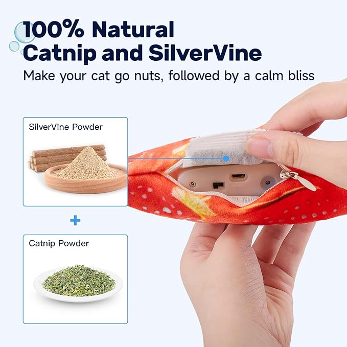 Potaroma Flopping Fish Cat Toy, Interactive Moving Floppy Fish Toy for Cats, Catnip & Silvervine Enrichment, Kitten Kicker Indoor Exercise Toys, Gemfish for All Breeds