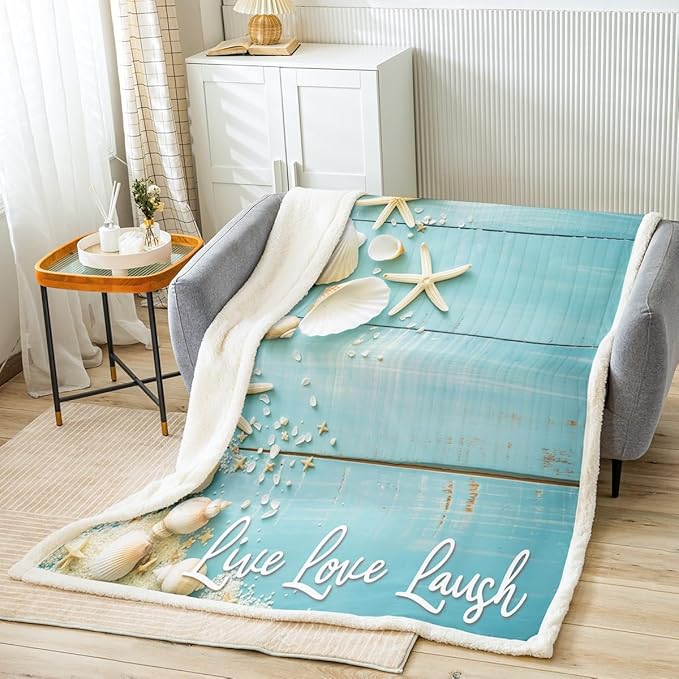 Starfish Seashell Blanket, Conch Sea Shell Throw for Bed, Couch - Coastal Animal Fleece, Twin Size, Retro Rustic Farmhouse Sherpa, Teal Wooden Striped Plush, Kids Boys Girls