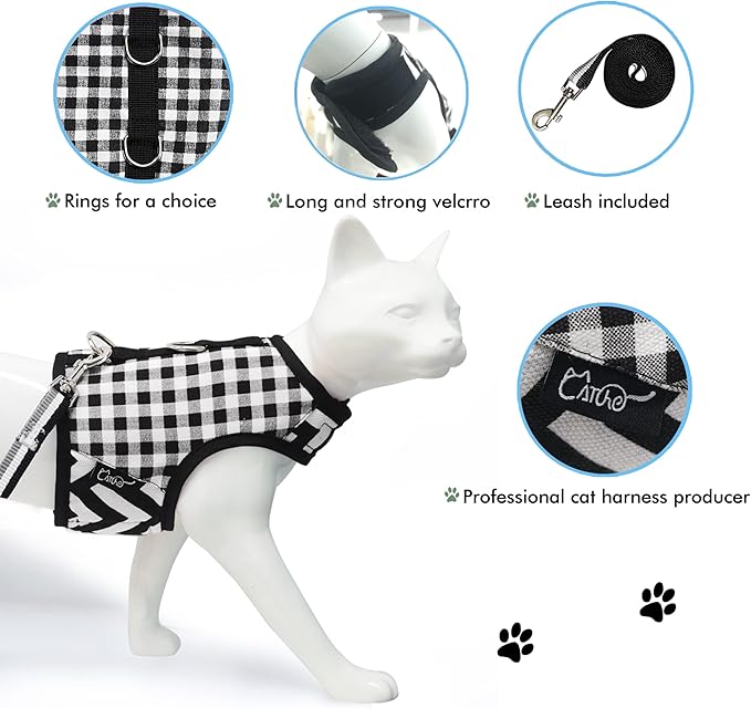Cat Harness and Leash for Walking Escape Proof, Adjustable Cat Vest Harness, Padded Stylish Cat Walking Jackets, Black Plaid, Large