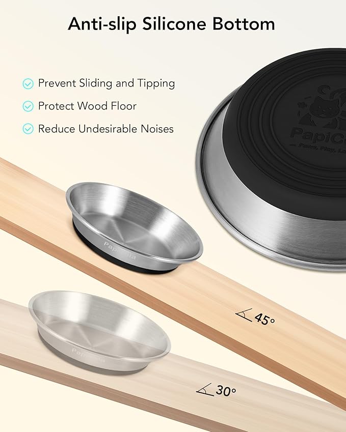 Stainless steel Cat Bowls, Non-Slip Silicone Bottom, Metal Cat Bowls for Food and Water, Whisker Friendly with Wide and Shallow Design, 6.3'' Wide, 0.7mm Thick Steel, Ideal Dog Dish for Cat and Dog