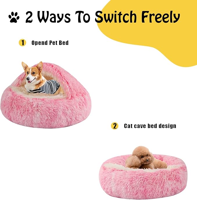 Round Hooded Cat Bed & Dog Bed with Cover Cave, Dog Bed for Small Dogs, Faux Fur Cuddler Round Coved Cat Bed Self Warming Donut Dog Bed Fits up to 5 lbs Pets (Pink, 16inch x 16inch)