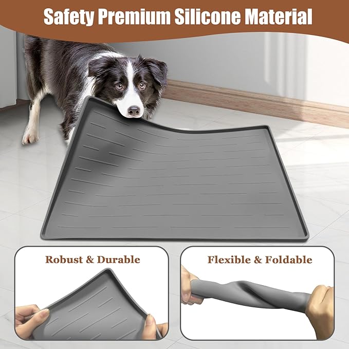 Dog Food Mat, Silicone Dog and Cat Mat for Food and Water Bowls, Waterproof Raised Edge Pet Feeding Mat for Contain Spills Protects Floors, Multiple Colors & Sizes for Pets (18"x12", Deep Green)