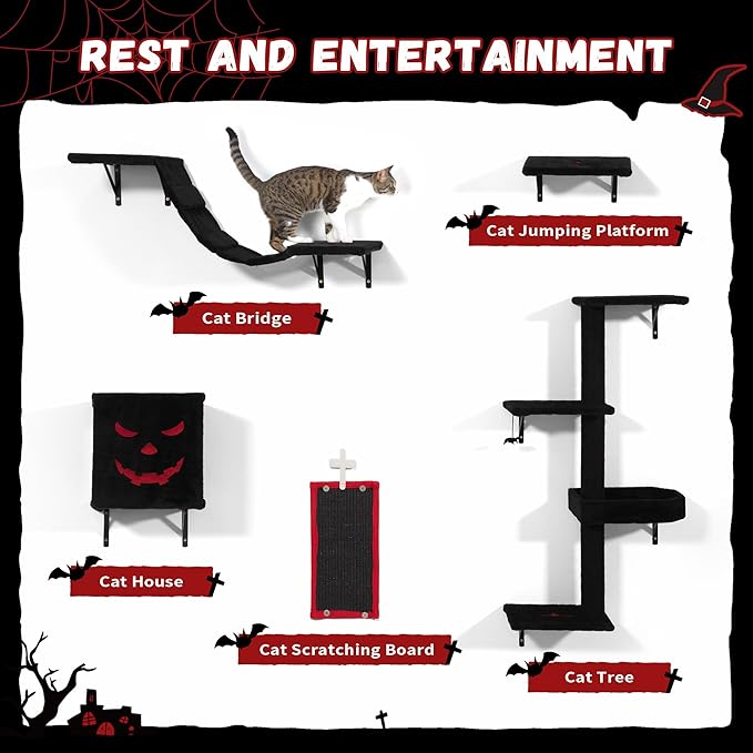 COZIWOW Cat Wall Shelves, Wall-Mounted Cat Climber Set of 5, Floating Cat Perches, Hanging Cat Beds, Modern Cat Furniture for Large Cats or Kitty (Gothic)