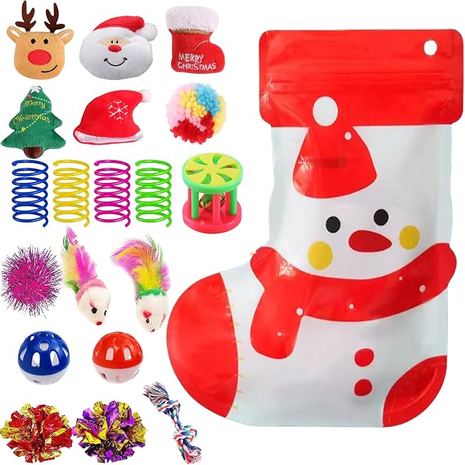 Christmas Cat Toys 19pcs, Christmas Stocking Assorted Toys Cat Gifts with Cat Ball Toy, Cat Spring Toy, Mouse, Crinkle Balls, Interactive Cat Toy for Indoor Cats