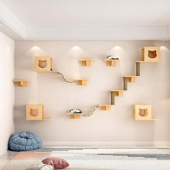 Cat Wall Shelves, Cat Wall Furniture, Cat Shelves and Perches for Wall, Cat Wall Steps Set with 2 Cat Condos House, 6 Cat Wall Shelves, 2Ladder, 1 Sisal Cat Scratching Post (C)