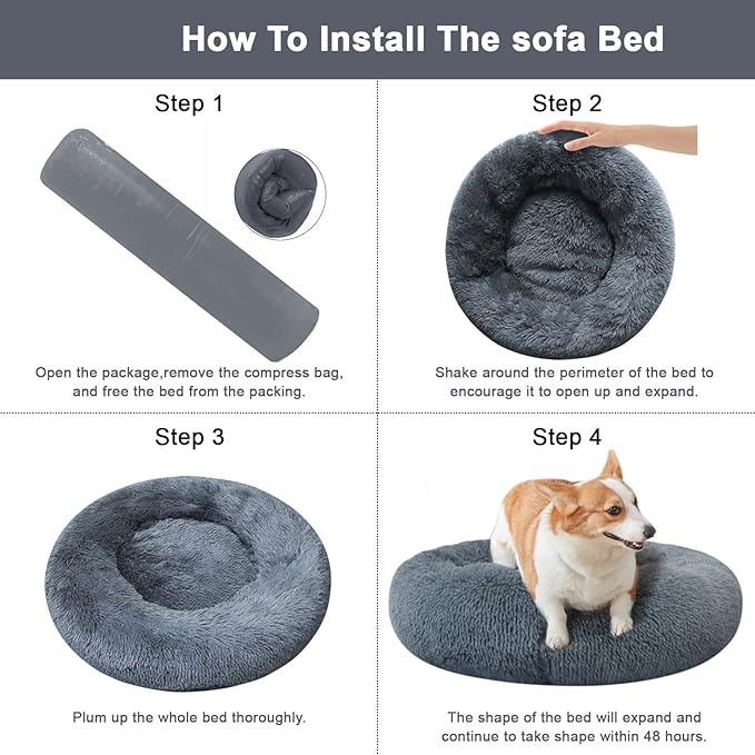 Dog Bed for Small Medium Large Dogs, 24 inch Calming Dogs Bed, Washable-Round Cozy Soft Pet Bed for Puppy and Kitten with Slip-Resistant Bottom
