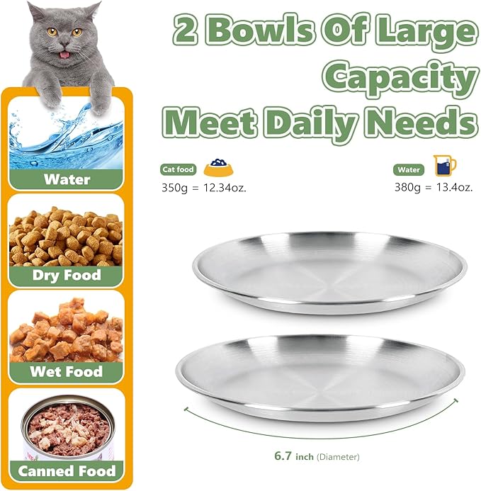Wide Whisker Friendly Cat Dishes Set 6.7", Stainless Steel Cats Bowls, Shallow Food Bowl, Indoor Kitten Feeding Wet & Dry Food Dish to Prevent Whisker Fatigue(13 OZ) (Cat Dishes, 6 PCS)