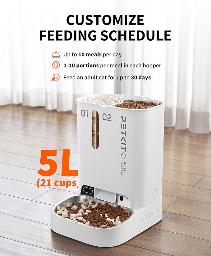 PETKIT Automatic Cat Feeder with AI Camera for Two Cats, 1080P HD Video with Night Vision, 2.4G WiFi Pet Feeder with 2-Way Audio for Cat & Dog, Dual Food Hopper 4-Stage Fresh Lock Dry Food Dispenser