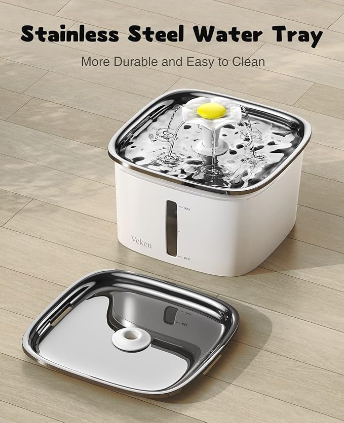 Veken 95oz/2.8L Cat Water Fountain with Stainless Steel Lid, Automatic Pet Fountain Dog Water Dispenser with Replacement Filters for Cats, Dogs, Multiple Pets (Silver, Stainless Steel)