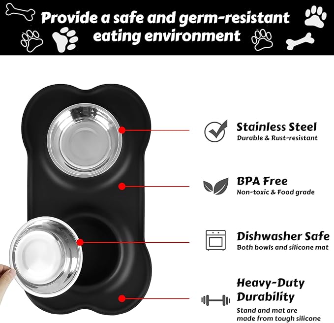 AsFrost Dog Food Bowls Stainless Steel Pet Bowls & Dog Water Bowls with No-Spill and Non-Skid, Feeder Bowls with Dog Bowl Mat for Small Medium Large Size Dogs Cats Puppy Pets, Dog Dishes, Black, 12oz