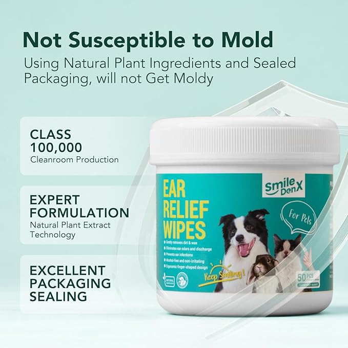 Dog Ear Cleaner Finger Wipes - Gently Remove Ear Wax & Debris, Relieve Ear Itching & Inflammation - Soothing Cleansing Deodorizing Ear Care Wipes for Cat and Dog (100 Pcs, Unscented)