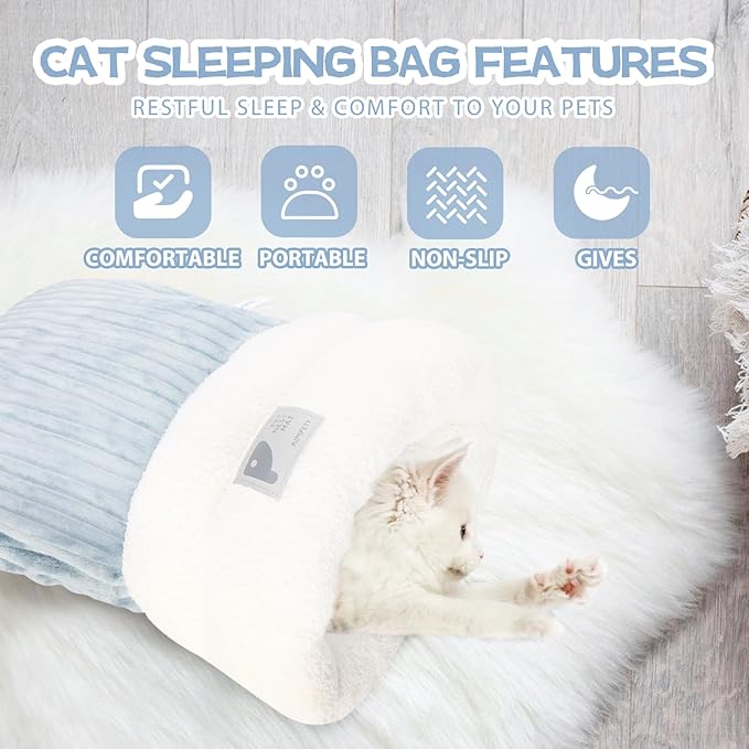 Cat Winter Sleeping Bag, Cat Bed Cave Sleeping Bag, Cat Sleeping Bag, 360°Wrap Comfortable Pet Snuggle Sack, Soft Plush Large Cat Sack - Size M(Gray Blue)