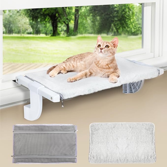 Window Sill Mount Cat Perch for Indoor Cats, One-Step Sliding Clamping Slot Adjustment Cat Hammock with Removable Two Fabrics Cover, No Suction Cups Cat Bed for Windowsill & Bedside (XL)
