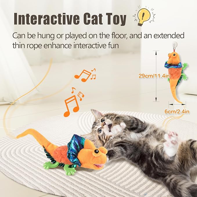 Migipaws Cat Toys, Touch Activated Flapping Chirping Lizard Kitten Toy with Catnip for Indoor Cats Kicker, Rechargeable (Orange)
