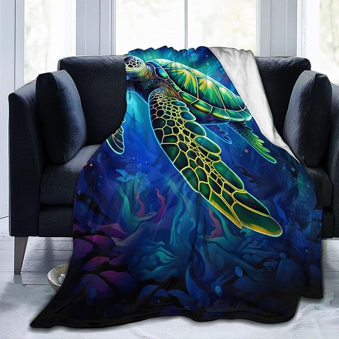 Sea Turtle Blue Blanket Turtles Shell Waves Flannel Throw Blankets for Home Decor Couch Bed Sofa Soft Fuzzy Lightweight Gifts for Kids Adult 60x50 Inches