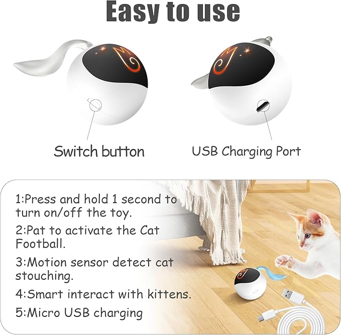 Migipaws Interactive Cat Ball Toy Set, Fun Tracker, Automatic Rolling Chase Ball with Fluffy Tail, A Small Mice, Rechargeable(White)