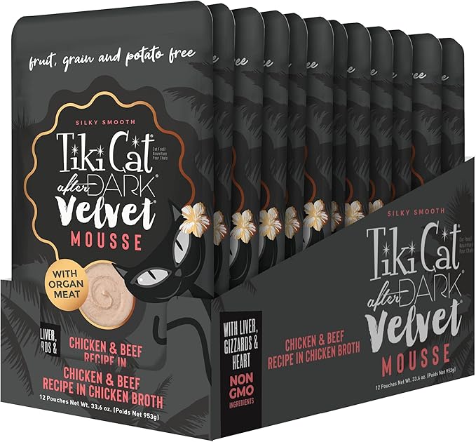 Tiki Cat After Dark, Velvet Mousse, Chicken & Beef Recipe in Chicken Broth, Grain & Potato Free Formula, with High Protein & Nutrient Dense Blended Irresistible Organ Meat, 2.8 oz. Pouch (Pack of 12)