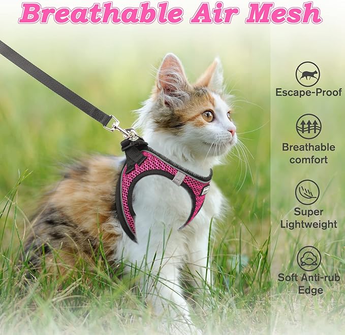 Cat Harness and Leash for Walking Escape Proof, Adjustable Kitten Vest Harness Reflective Soft Mesh Puppy Harness for Outdoor, Comfort Fit, Easy to Control (Pink, XS)