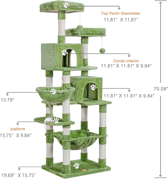 Heybly Cat Tree, 70 inches Tall Cat Tower condo with Toy for Indoor Large Cats, Cat House Furniture with Padded Plush Perch,Cozy Hammock and Sisal Scratching Posts,Green HCT032GR
