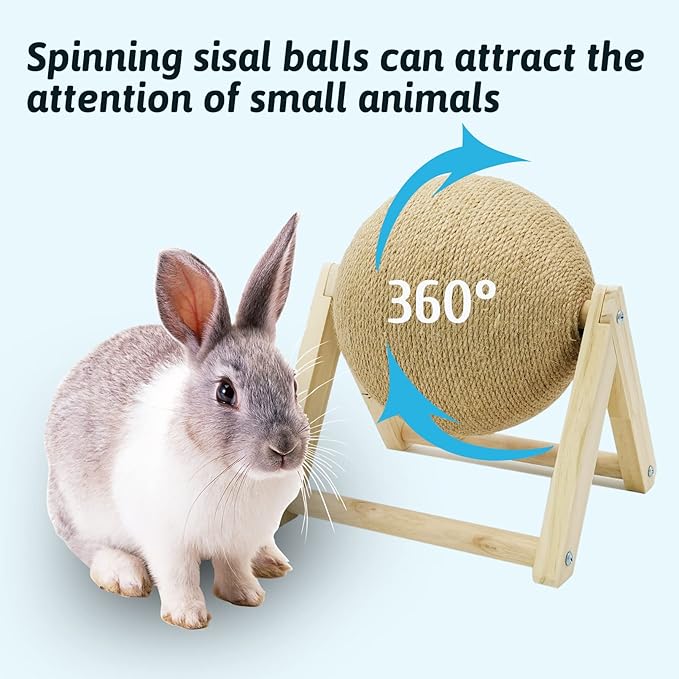 Fhiny Rabbit Scratch Toy, Natural Solid Wood Sisal Scratching Ball for Indoor Kittens, Claws Scratching Ball for Kitten Bunny Guinea Pig Chinchilla Ferret or Other Small Animals (Small)
