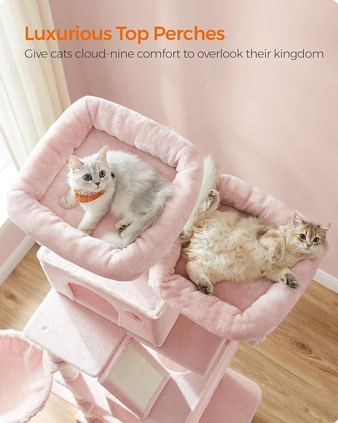 Feandrea Cat Tree, 81.1-Inch Large Cat Tower with 13 Scratching Posts, 2 Perches, 2 Caves, Basket, Hammock, Pompoms, Multi-Level Plush Cat Condo for Indoor Cats, Jelly Pink UPCT190P01