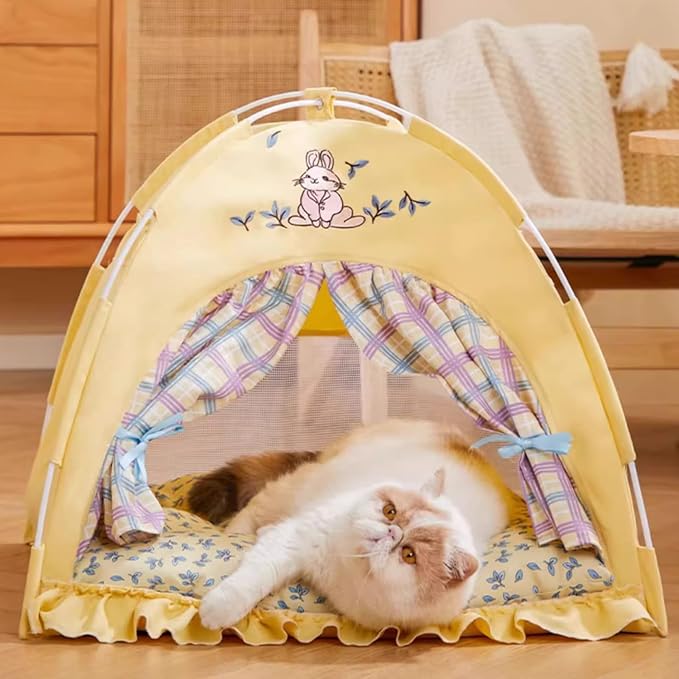 Cat Fairytale Bed, Cute Semi-Enclosed Ventilated Indoor Decoration House with Shade Cover for All Seasons (Green,Large)