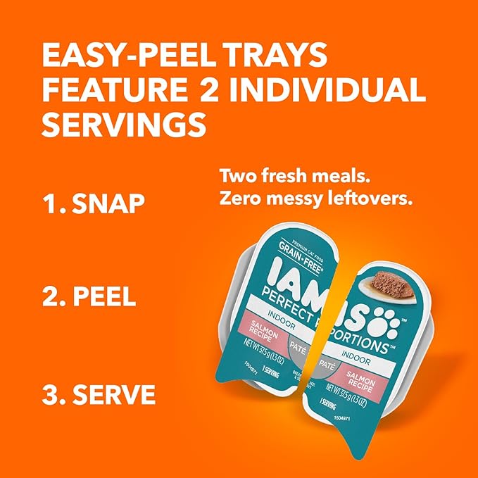 IAMS Perfect Portions Indoor Adult Grain Free Wet Cat Food Paté, Salmon Recipe, 2.6 oz. Easy Peel Twin-Pack Trays (24 Count, 48 Servings)