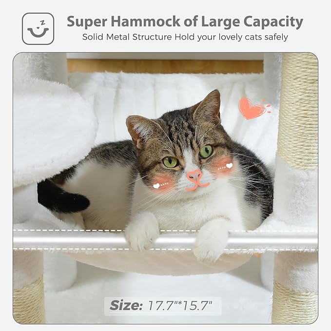 PETEPELA 45.7" Cat Tree for Large Cats, 5-Level Cat Tower for Indoor Cats with Large Hammock (17.3"x15.3"), Cat Condo with (18.5"x13") Big Top Perch & 4 Sisal Covered Scratching Post, White