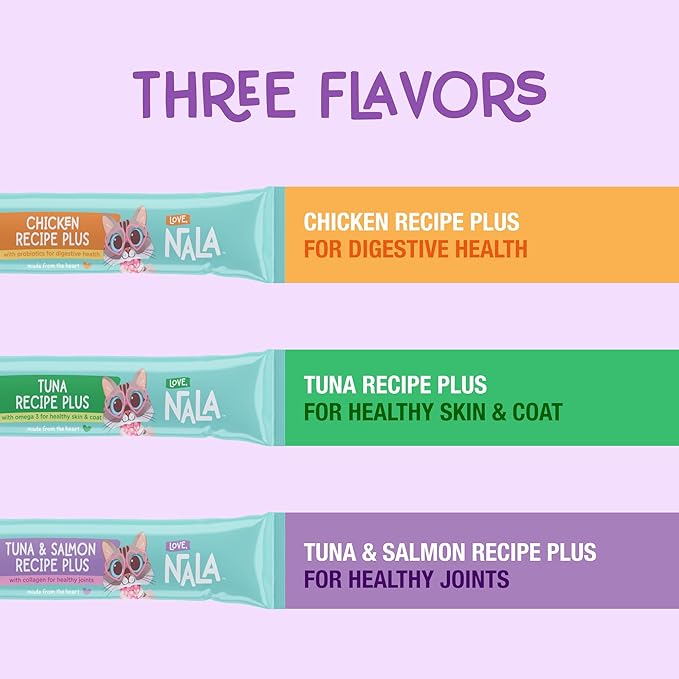 LOVE, NALA -Brain & Heart Health - Tuna Plus Omega 3 Mousse - Wet Food Cat Puree - Lickable Cat Squeeze Up Treat, Topper - Grain Free, Fiber, Minerals, Vitamins - 4 Pack 2 oz.