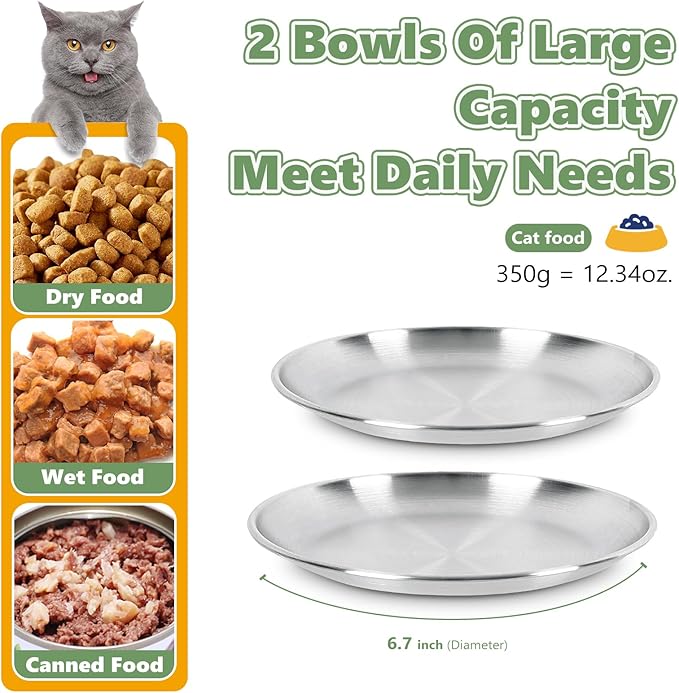 Wide Whisker Friendly Cat Dishes Set 6.7", Stainless Steel Cats Bowls, Shallow Food Bowl, Indoor Kitten Feeding Wet & Dry Food Dish to Prevent Whisker Fatigue(13 OZ) (Cat Dishes, 4 PCS)