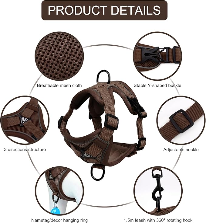 Cat Harness and Leash Set, Upgraded Escape Proof Adjustable Kitten Vest with Lead for Small Cat Outdoor Walking, Soft Breathable Mesh Jacket with Reflective Strips for Dark Night (S, Coffee Brown)