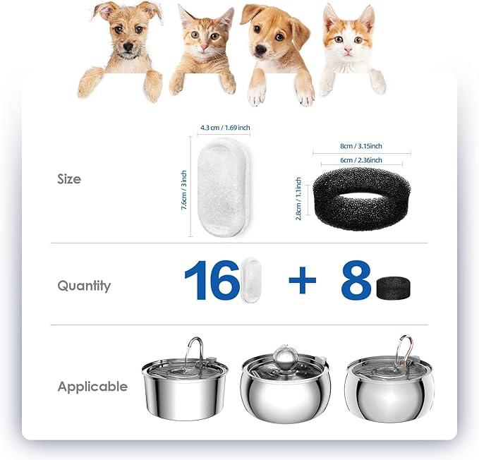 Tomxcute Official Cat Water Fountain Filters for 108oz/3.2L and 135oz/4.0L Adjustable Water Flow Cat Water Fountain, Ultra-Quiet Cat Water Fountain 16 Packs Filters & 8 Sponges Foam Filters